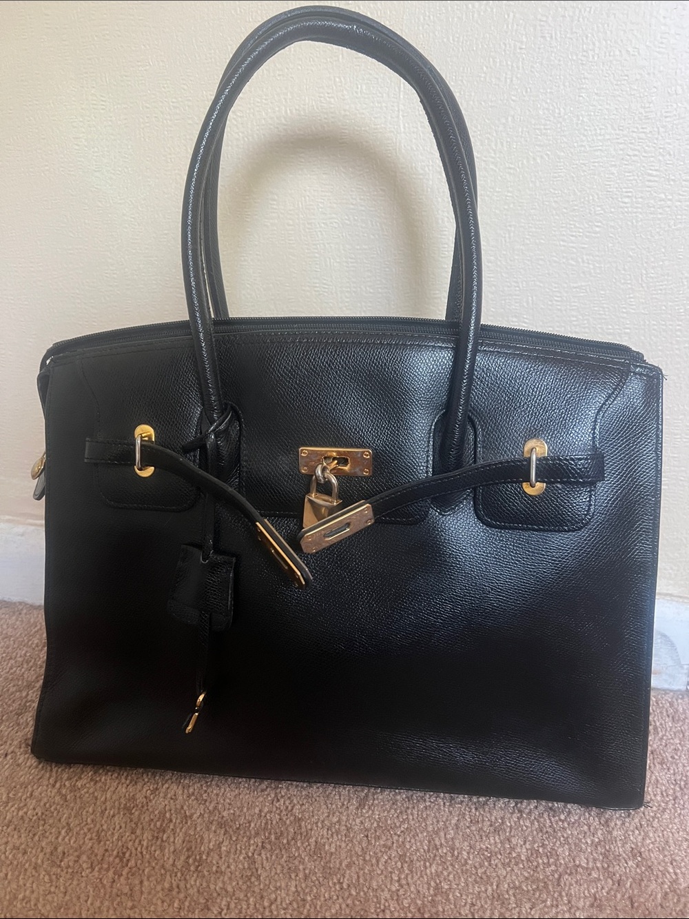 Classic Black Leather Satchel with Gold Hardware designer inspired